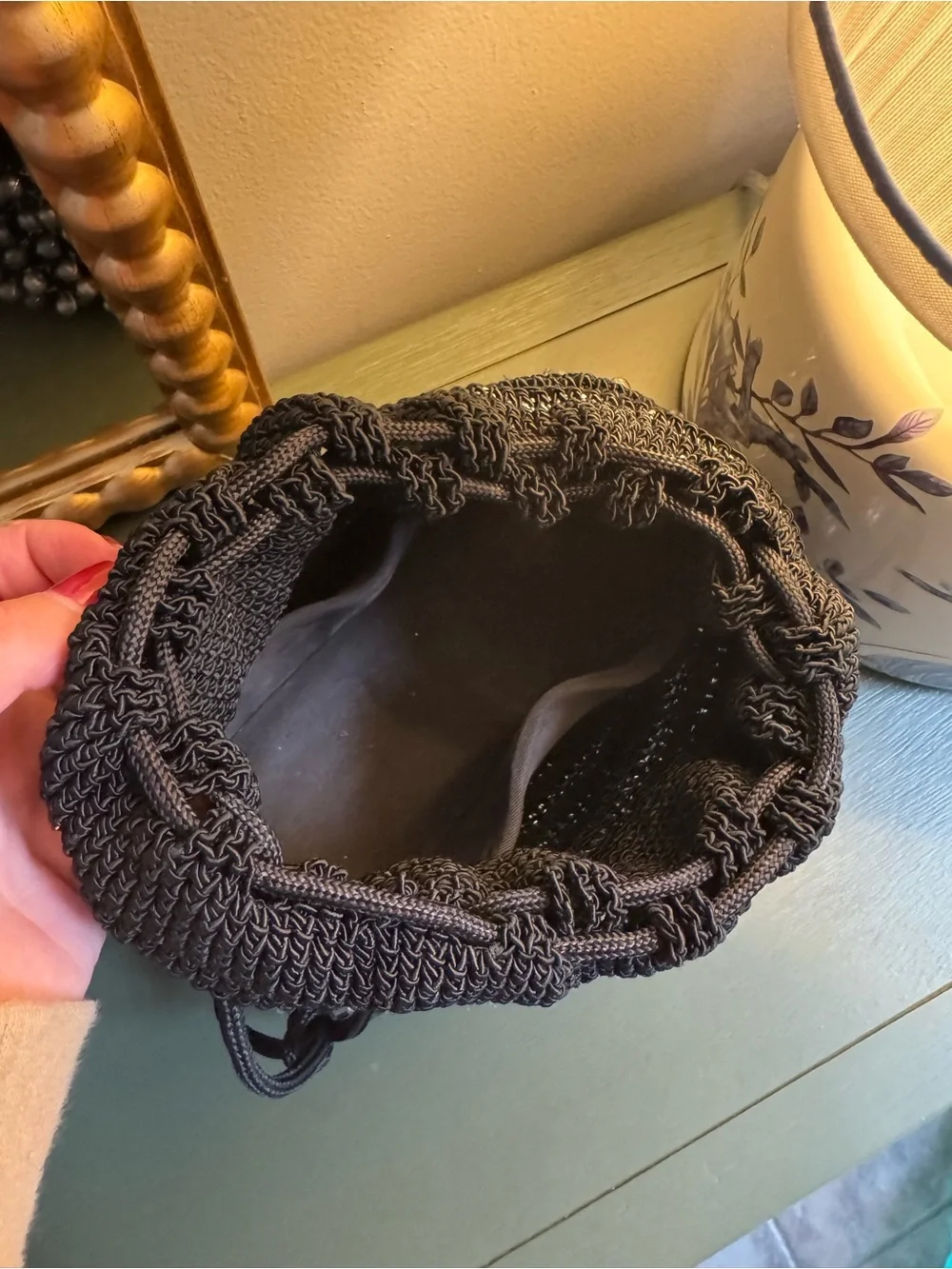 Vintage Women's Black Beaded Drawstring Pouch Bag